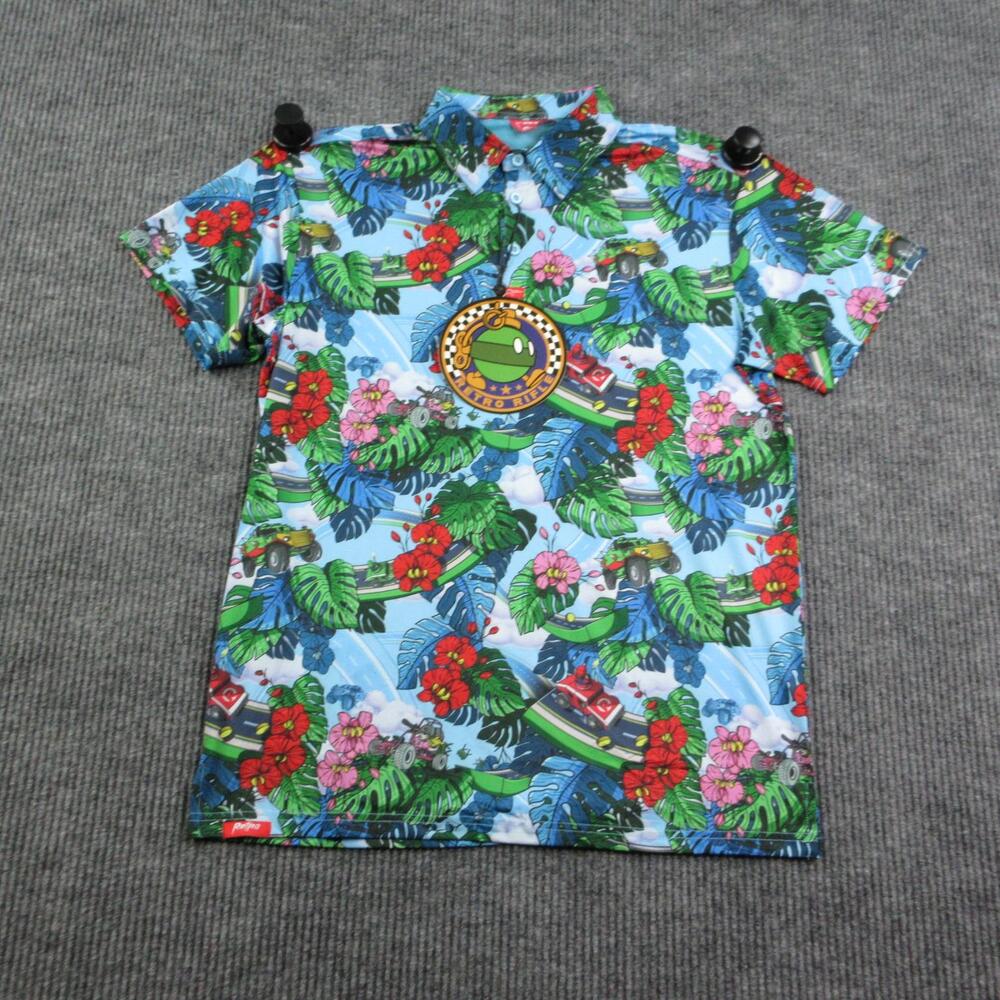 Retro Rifle Kart Polo Shirt Mens L Blue Floral Graphic Print Spandex NWT